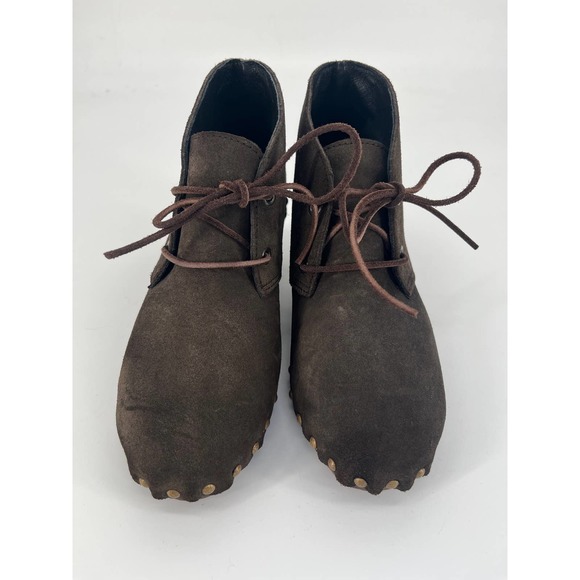 Bosabo Women's Clog Booties Sz 8 Brown Suede Leather Wooden Sole Lace Up Shoes - Picture 1 of 8